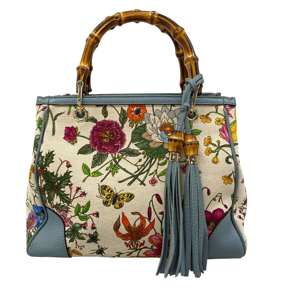 Gucci Bamboo Shopper , Flora Tote Bag 336032 Cream Blue Gray Multi Canvas